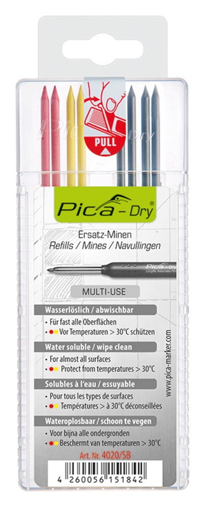 Navulling Diepgatpen Potlood Pica - 4020 4X ZWART,2X GEEL,2X ROOD